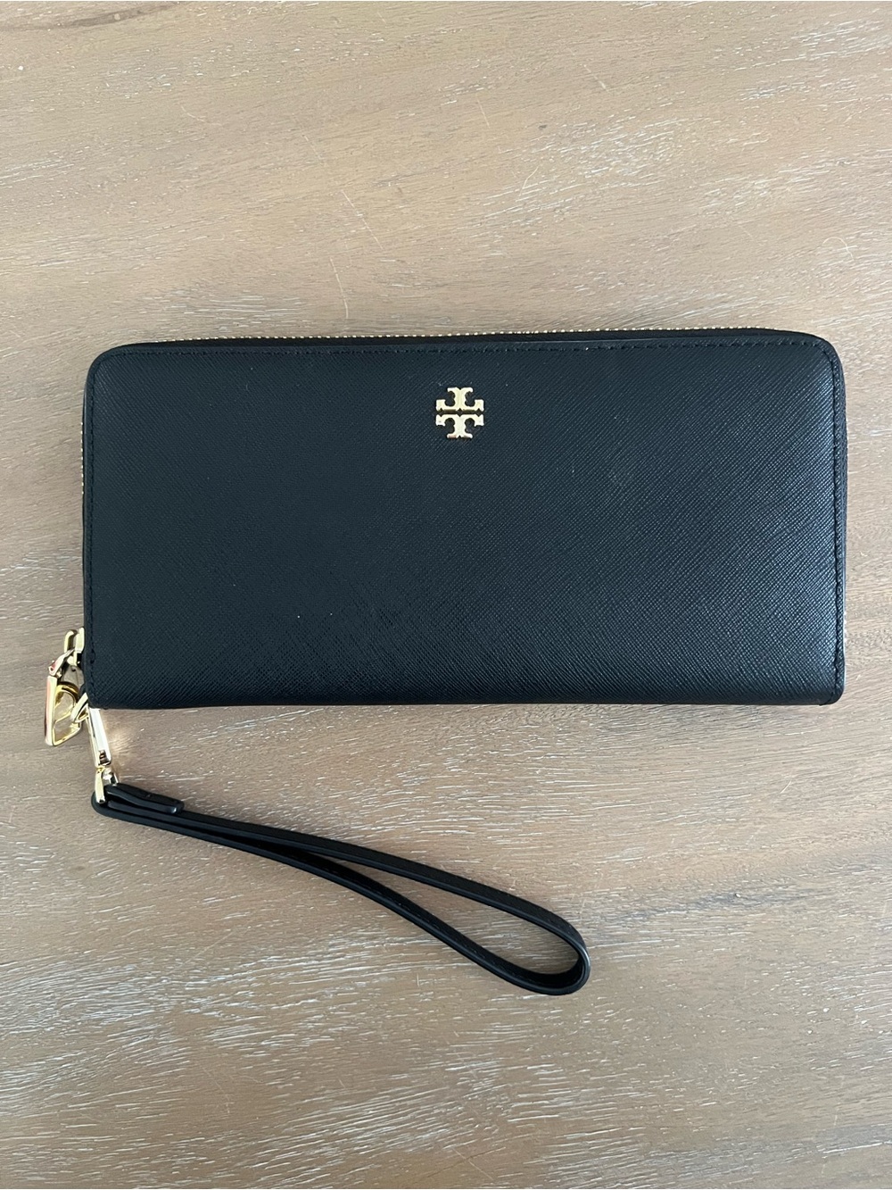 Tory Burch Black Saffiano Zip Wristlet Wallet with Gold Logo